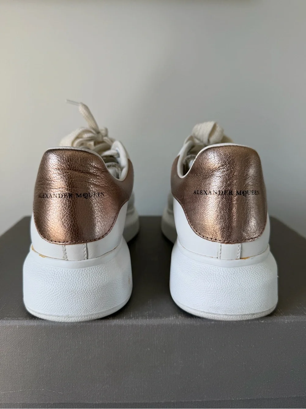Alexander McQueen White Leather Sneakers with Metallic Rose Heel